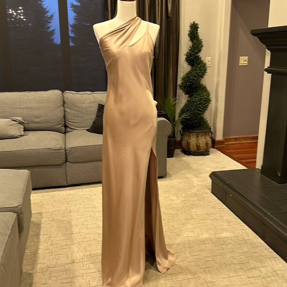 Michelle Mason one shoulder gown with tie- blush size 2